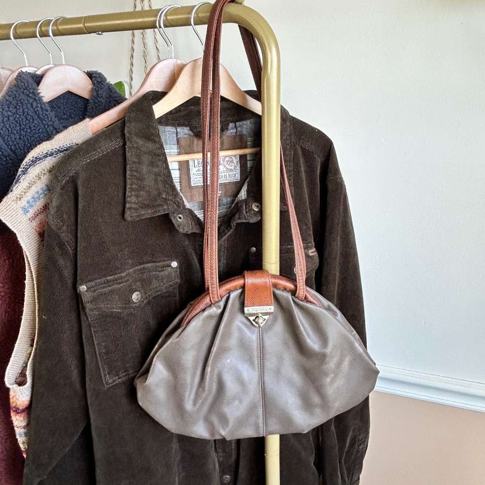 Capezio Vintage Taupe Gray Leather Slouchy Frame Shoulder Bag Brown Trim